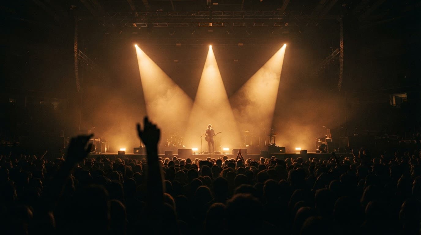A guitarist on a concert stage under three golden spotlights, with a crowd of raised hands in the foreground